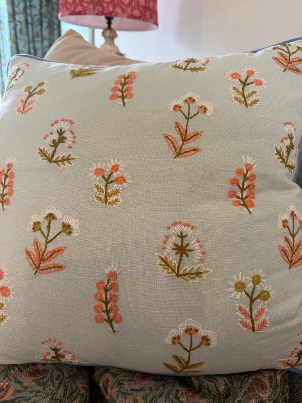 2 Anthropologie Embroidered Floral Accent Pillow - Light Blue Coral